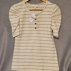 NWT Böhme XS Ivory Black Striped Button Short Sleeve Blouse Round Neck